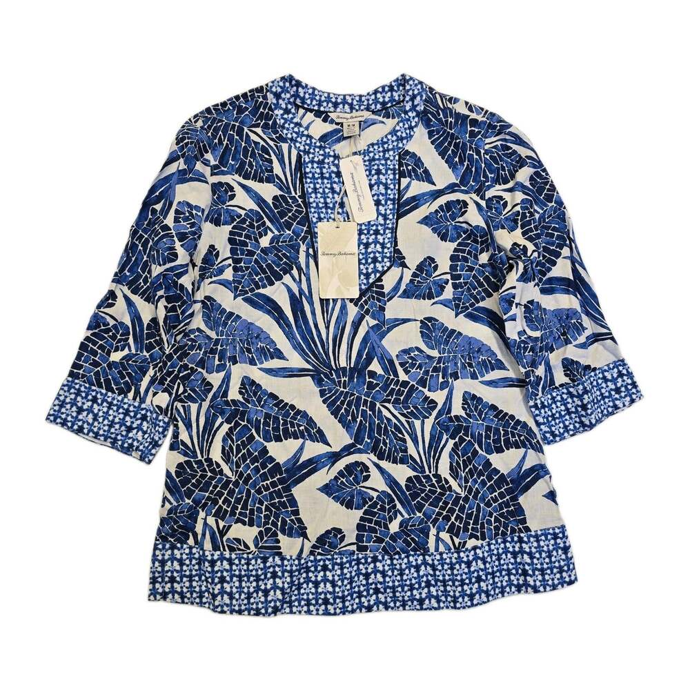 NWT Tommy Bahama Womens M Mosaic Palm Linen Tunic Top Island Navy Blue Floral